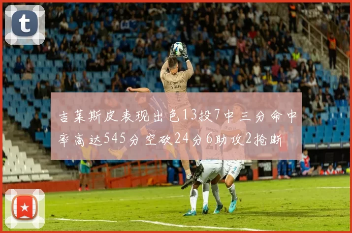 吉莱斯皮表现出色13投7中三分命中率高达545分空砍24分6助攻2抢断
